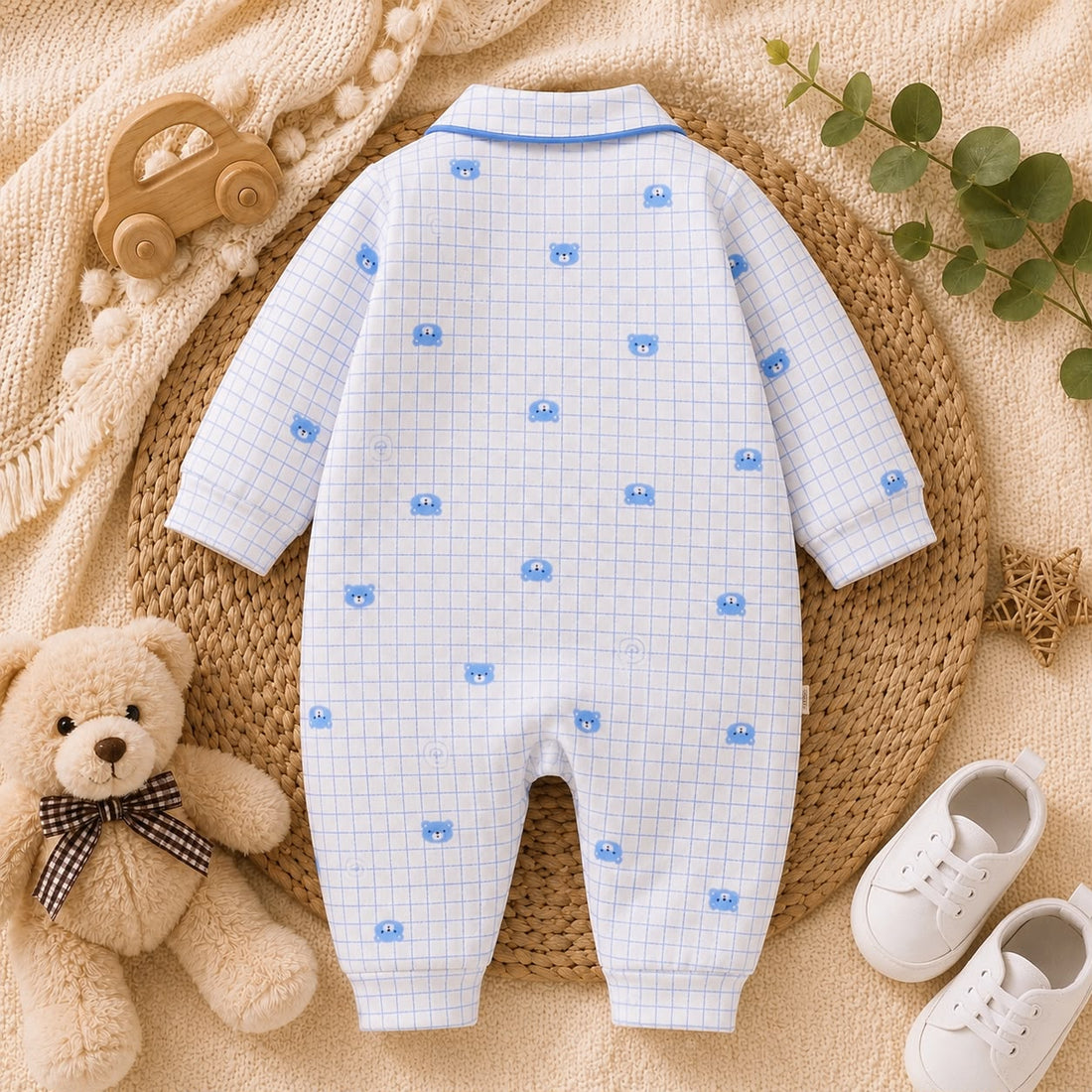 Baby Cotton Bear Check Print Full Sleeve Sleepsuit Romper – Soft Front Open Nightwear for Newborn &amp; Infant