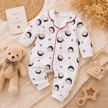 Baby Cotton Cartoon Print Full Sleeve Sleepsuit Romper – Soft Front Open Nightwear for Newborn &amp; Infant