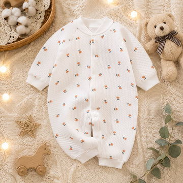 Baby Cotton Floral Print Full Sleeve Romper – Soft Front Open Winter Outfit for Newborn &amp; Infant