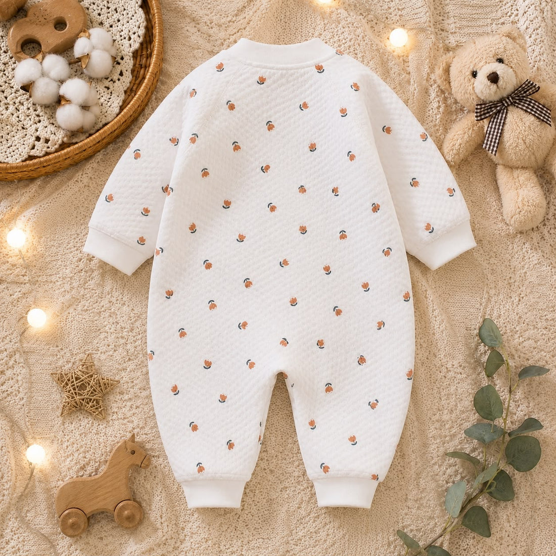 Baby Cotton Floral Print Full Sleeve Romper – Soft Front Open Winter Outfit for Newborn &amp; Infant