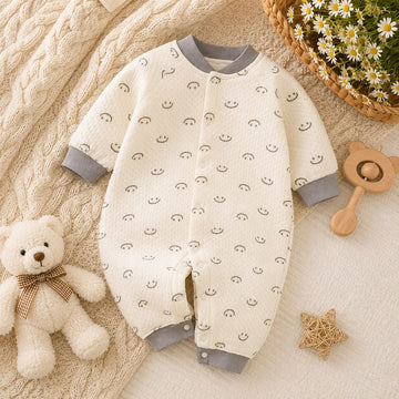 Baby Cotton Smiley Print Full Sleeve Romper – Soft Front Open Winter Outfit for Newborn &amp; Infant
