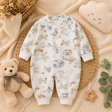 Baby Cotton Woodland Print Full Sleeve Romper – Soft Front Open Winter Outfit for Newborn &amp; Infant