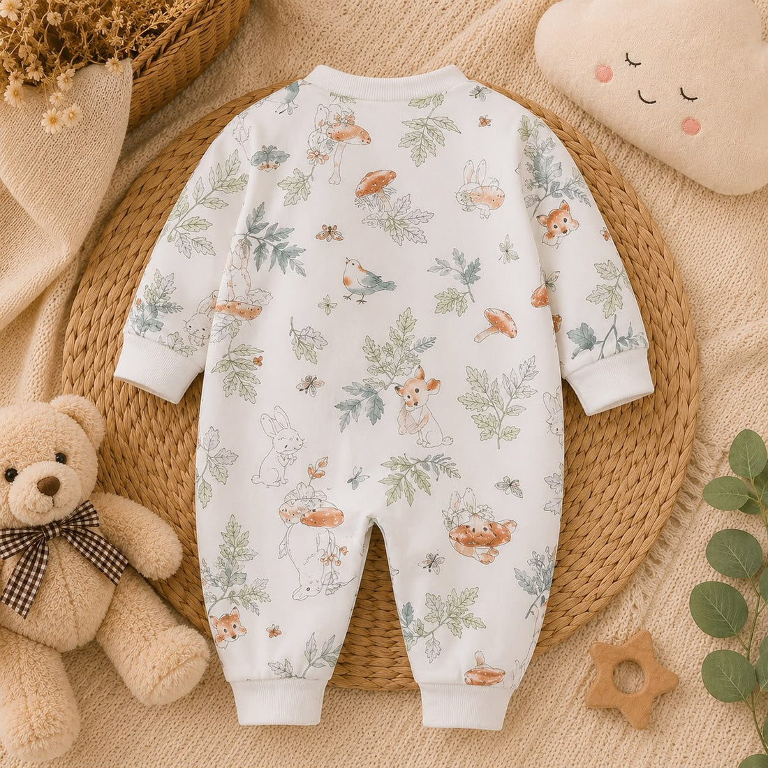 Baby Cotton Woodland Print Full Sleeve Romper – Soft Front Open Winter Outfit for Newborn &amp; Infant