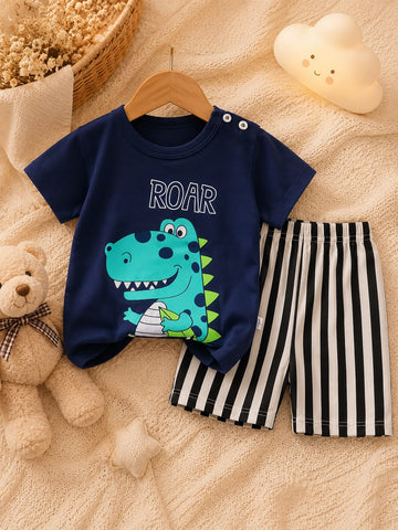 Baby Boys Cotton Dinosaur Print T-Shirt &amp; Striped Shorts Co-Ord Set – Soft Summer Outfit for Newborn &amp; Toddler