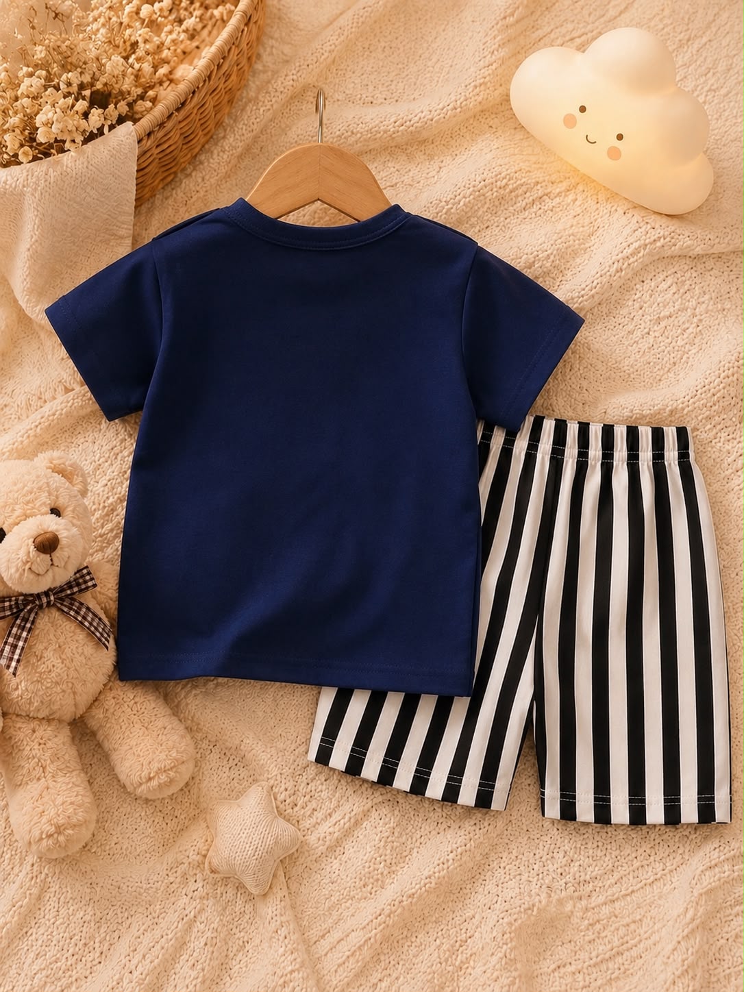 Baby Boys Cotton Dinosaur Print T-Shirt &amp; Striped Shorts Co-Ord Set – Soft Summer Outfit for Newborn &amp; Toddler