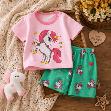 Baby Girls Cotton Unicorn Print T-Shirt &amp; Shorts Co-Ord Set – Soft Summer Outfit for Newborn &amp; Toddler