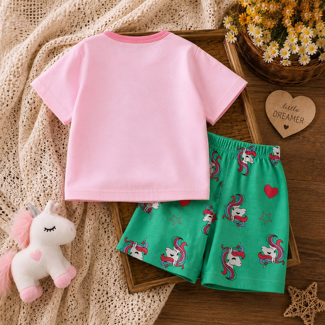 Baby Girls Cotton Unicorn Print T-Shirt &amp; Shorts Co-Ord Set – Soft Summer Outfit for Newborn &amp; Toddler