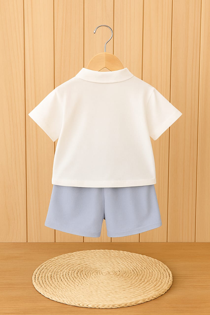 Cartoon Embroidered Polo T-Shirt with Blue Shorts – 100% Cotton Baby Outfit Set