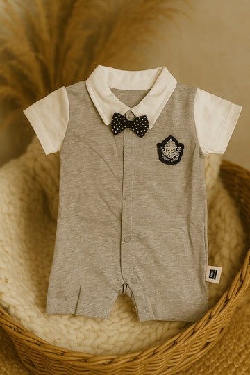 Knitted Cotton Baby Romper – Grey Bow Tie Formal Outfit