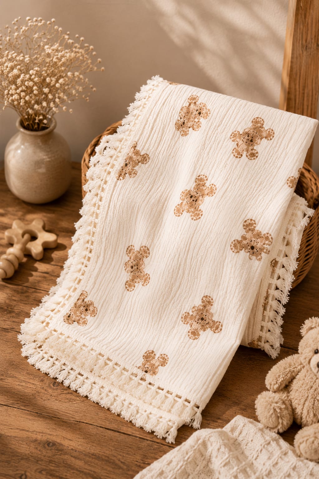 Teddy Print Muslin Baby Blanket with Tassel Lace | Soft Breathable Swaddle Blanket | 100x120 cm