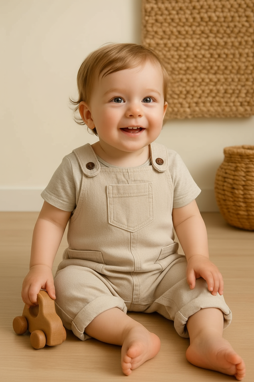 Baby in beige overalls