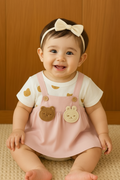 Baby in pink pinafore dress