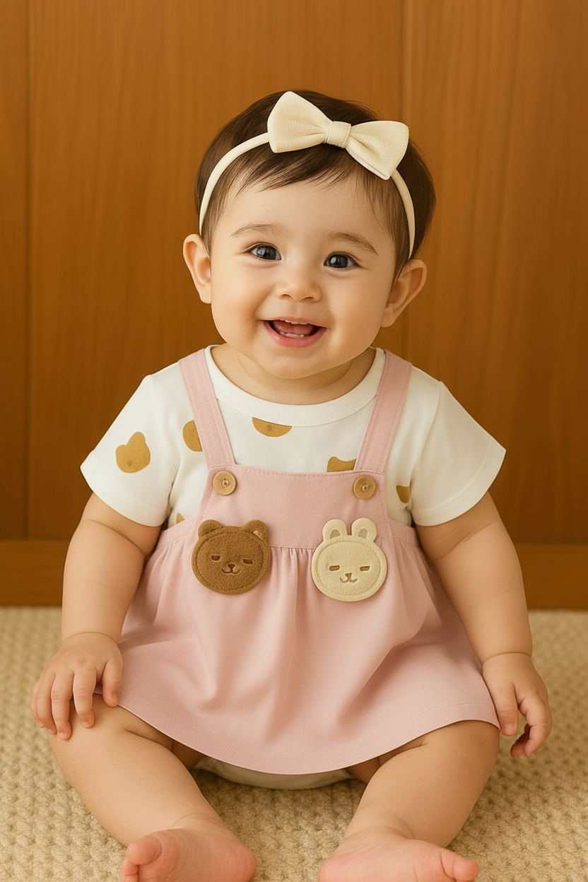Baby in pink pinafore dress
