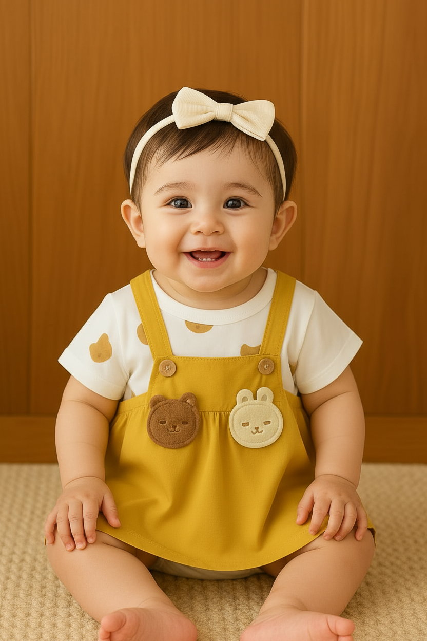 Baby in yellow pinafore dress