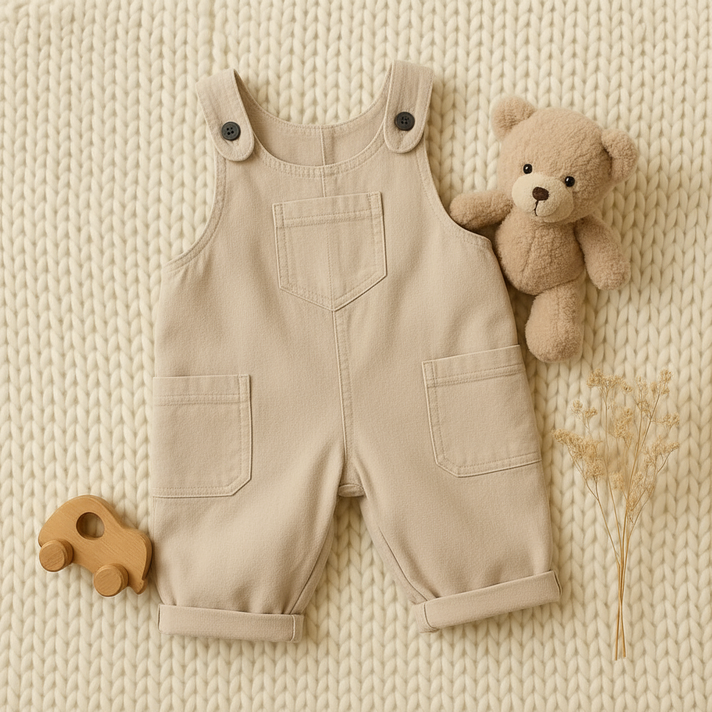 Beige baby overalls flat lay
