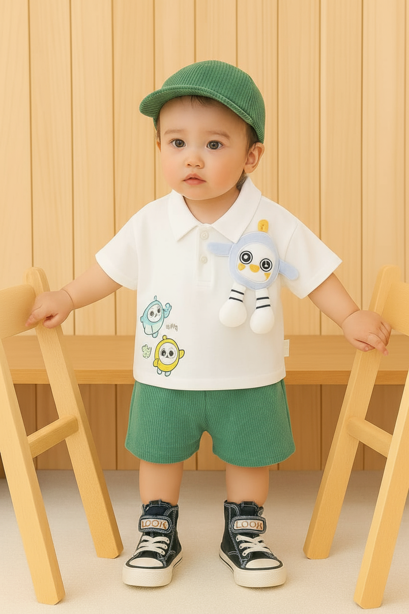 Child in outfit with all green elements