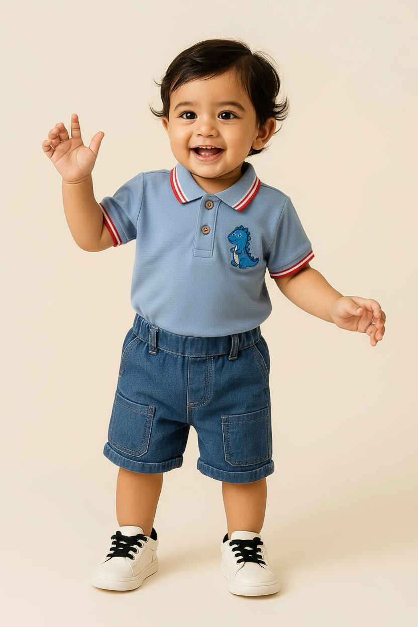 Child in polo with dinosaur patch